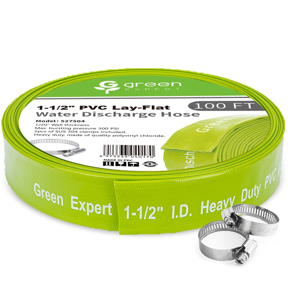 G green EXPERT lay-flat hose shows 1-1/2 in ID for easy, leak-resistant connections.