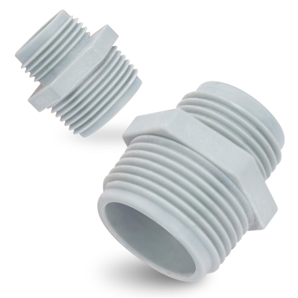 Green Expert plastic adapter kit front view: 1-inch NPT to 3/4-inch GHT for pump-to-hose use