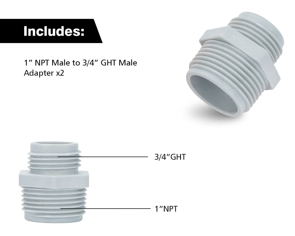 Green Expert adapter kit side view shows secure 1-inch NPT to 3/4-inch GHT mating