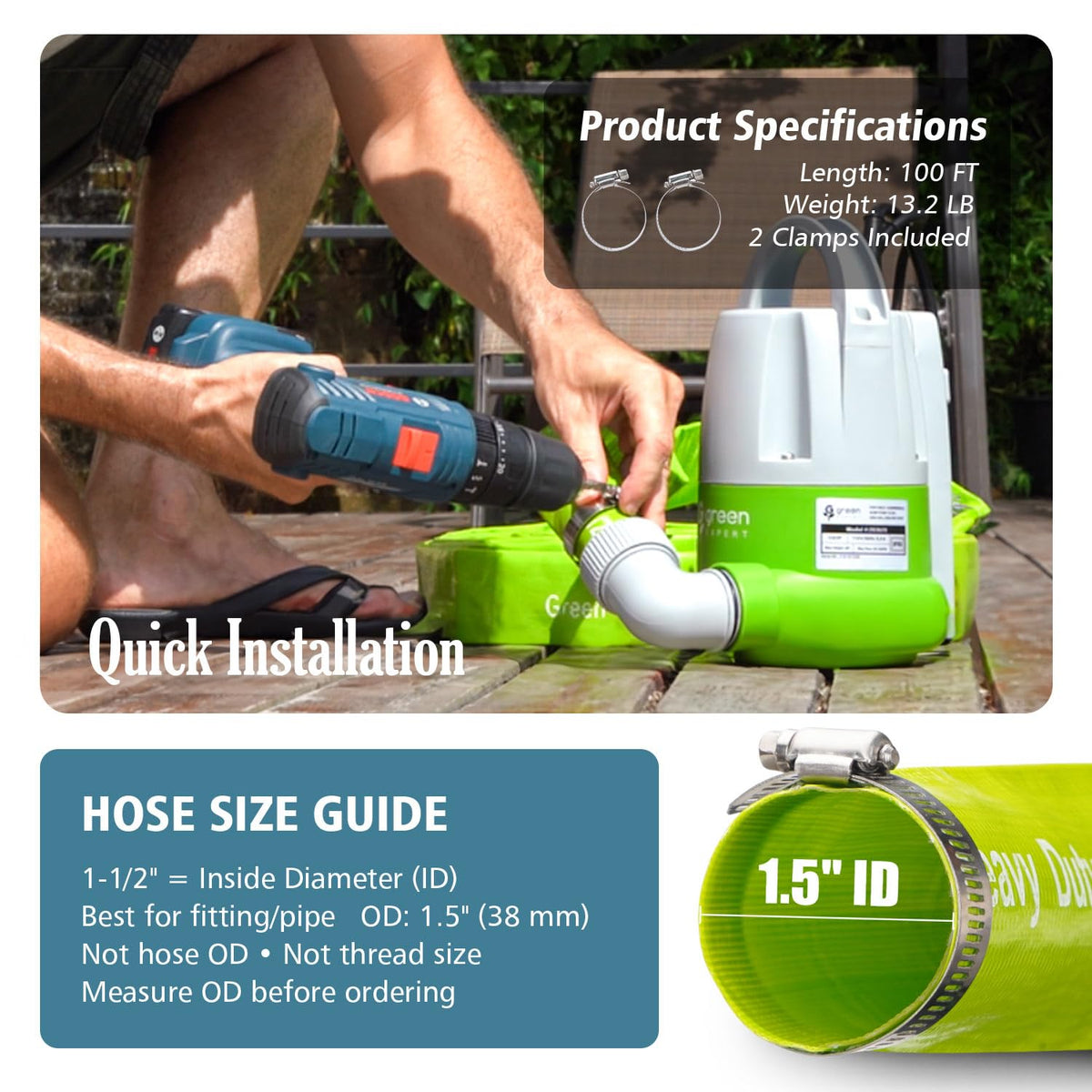 G green EXPERT pool backwash hose for pool equipment filtration.