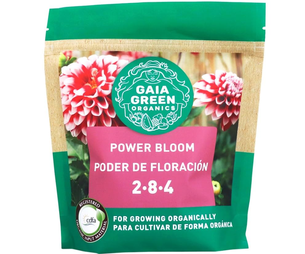 Green Gaia GG Power Bloom bottle shown, bloom booster for indoor/outdoor plants to support prolific blooms and fruiting