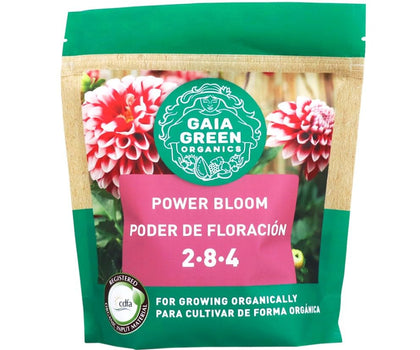 Green Gaia GG Power Bloom bottle shown, bloom booster for indoor/outdoor plants to support prolific blooms and fruiting