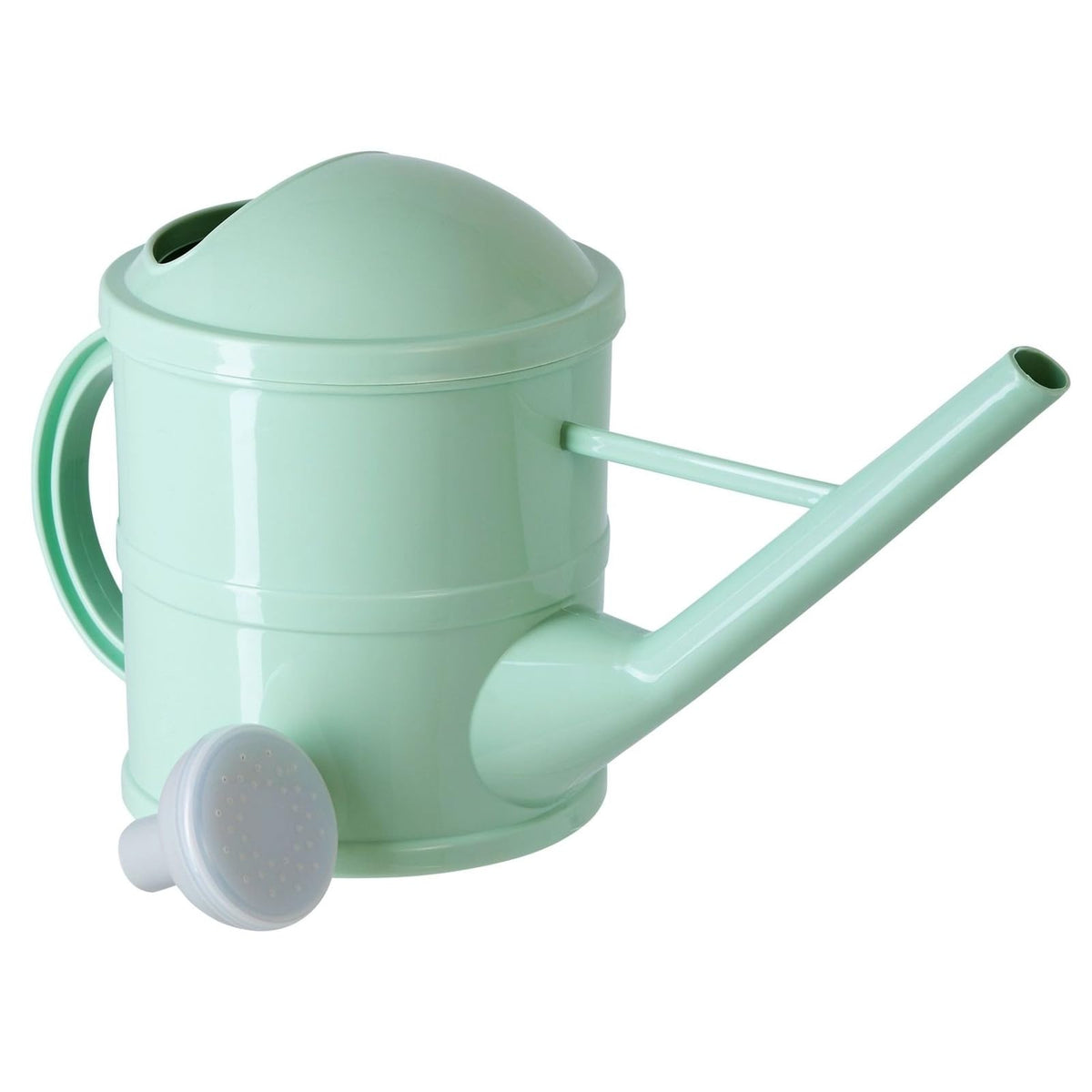 Green Farmlyn Creek watering can on shelf as a decorative garden accessory