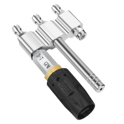 Green Living three-in-one nozzle assembly enables versatile soft wash tasks.
