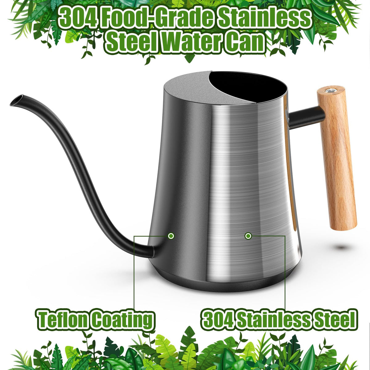 Green Moon Water Can wooden handle for comfortable grip during use.