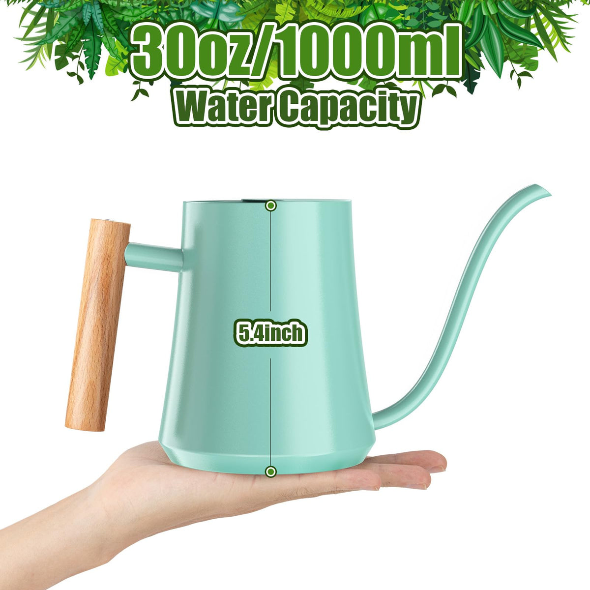 Green Moon wooden-handle watering can for comfortable grip