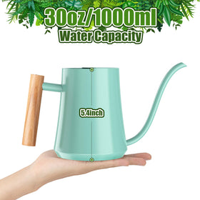 Green Moon wooden-handle watering can for comfortable grip