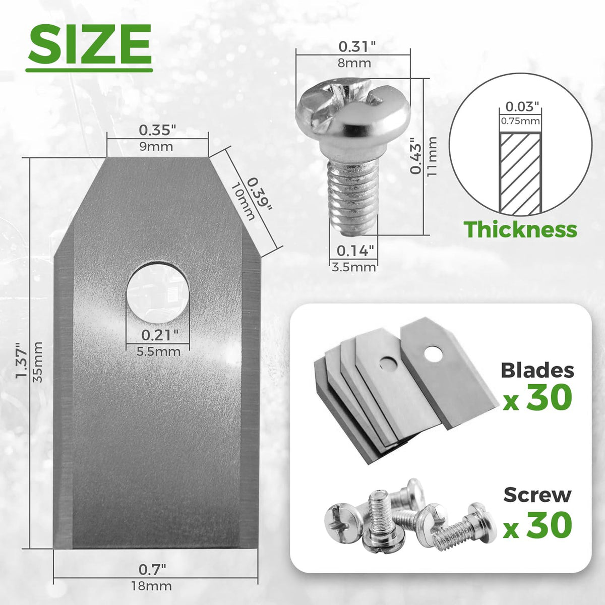 Green Piece mower blade 0.75mm thickness for efficient trimming.