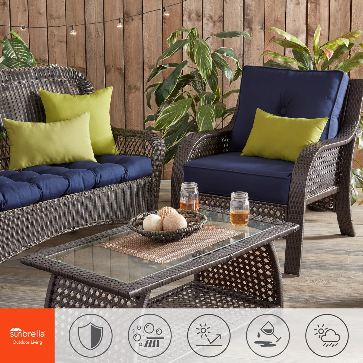 Sunbrella outdoor fabric close-up in canvas navy, showcasing stain and fade resistance.