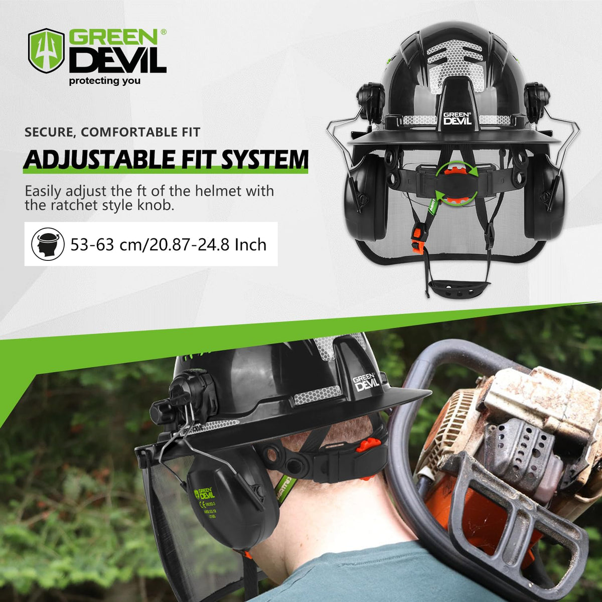 GREEN DEVIL adjustable chinstrap keeps helmet secure during tough tasks