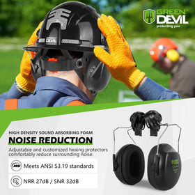 GREEN DEVIL ear muffs attached for comfortable hearing protection during logging