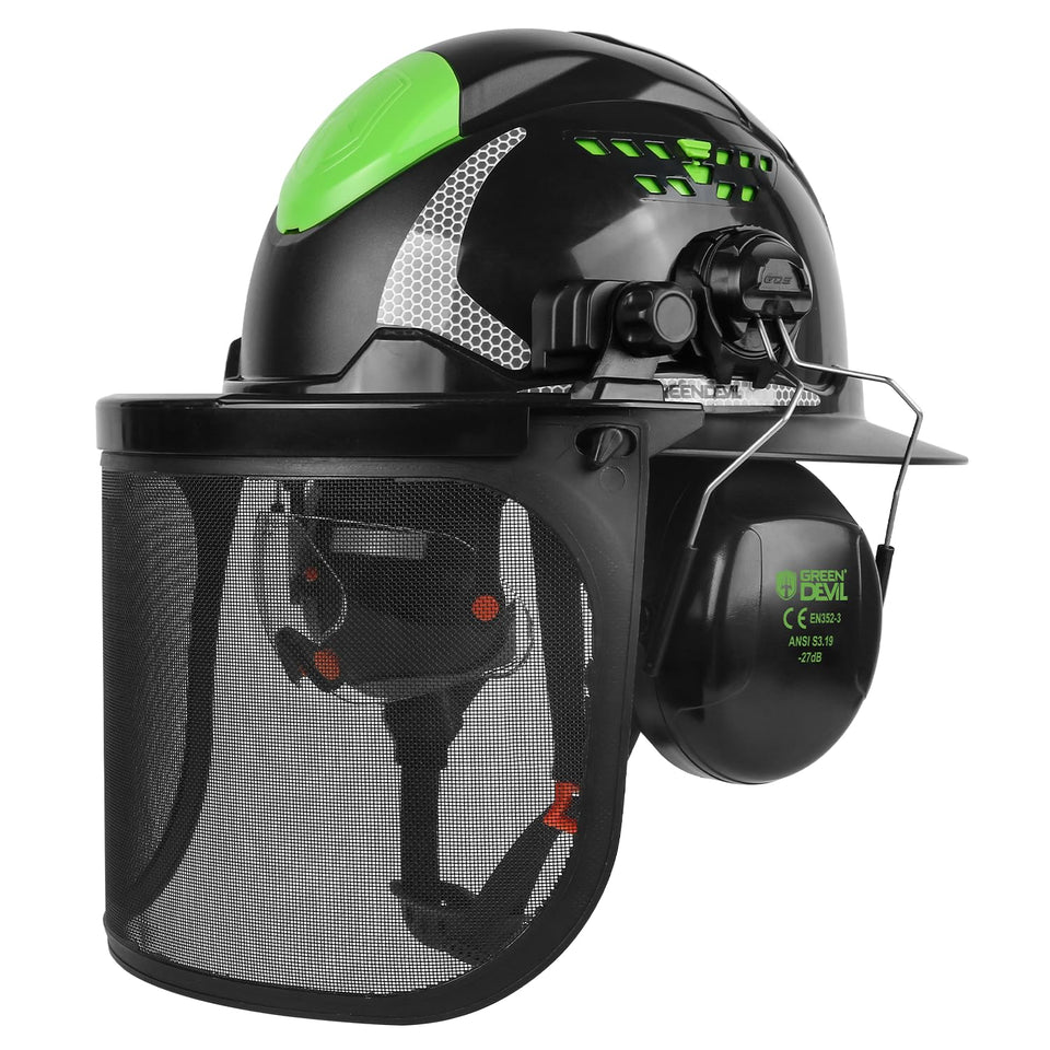 GREEN DEVIL forest helmet with full brim protects head from sun and debris