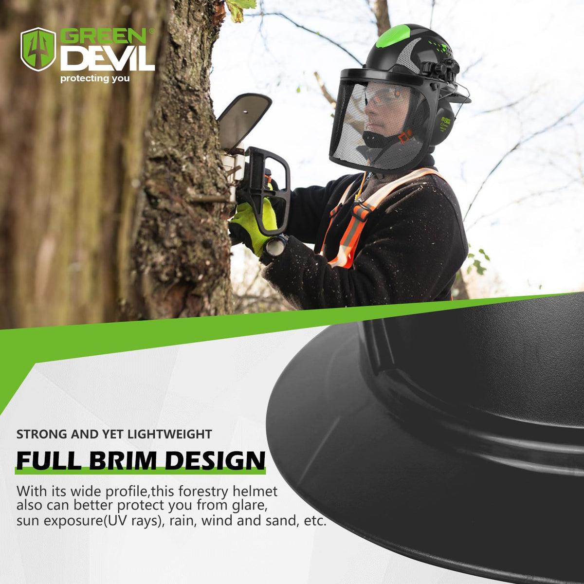 GREEN DEVIL forestry helmet provides complete head face eye ear protection on site
