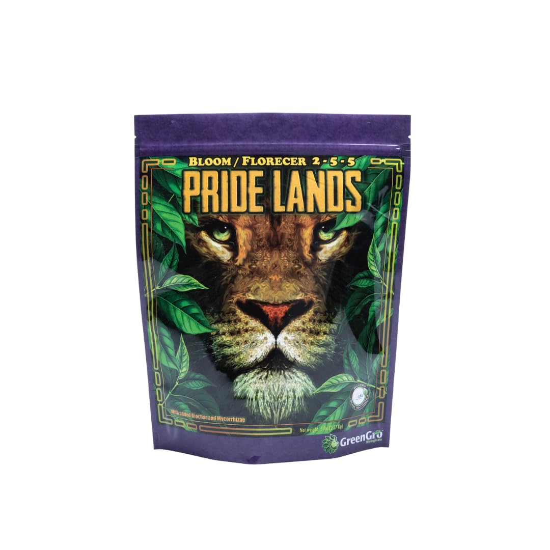 GreenGro Pride Lands Bloom Fertilizer bottle highlights premium bloom nutrients for fuller flowers.