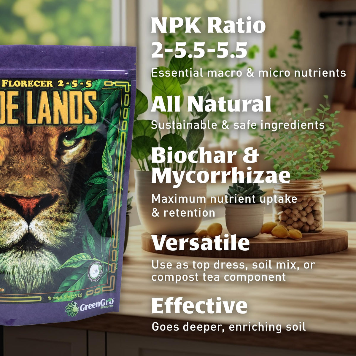 GreenGro Pride Lands micronutrient blend emphasizes balanced NPK for healthier stems and leaves.