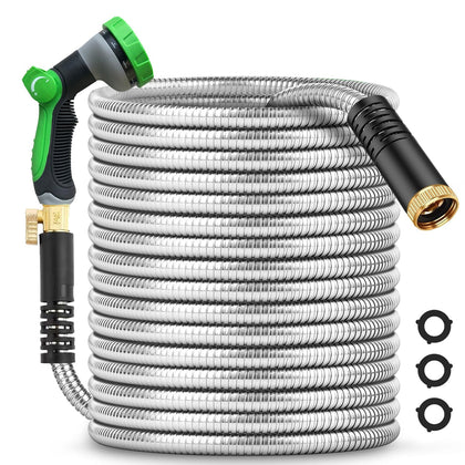 Greenleisure 50ft metal garden hose uncoiled for easy reach and use.