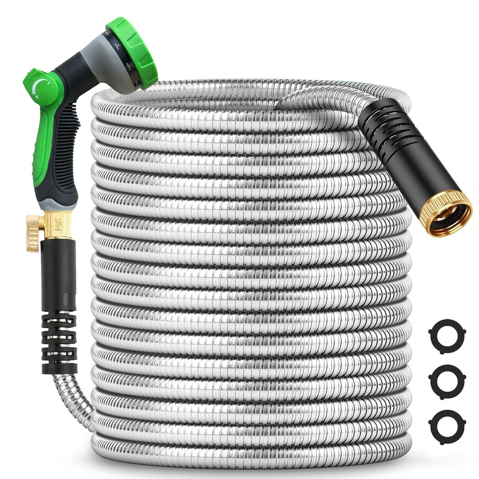 Greenleisure 50ft metal garden hose uncoiled for easy reach and use.
