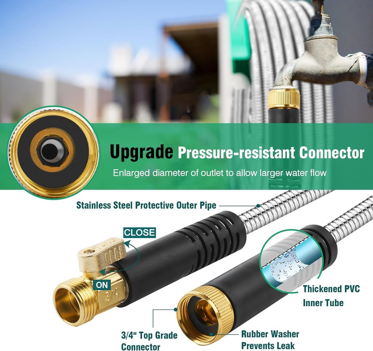 Greenleisure metal hose kink-free design for tangle-free watering and cleaning tasks.