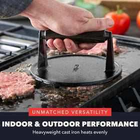 Wooden handle of the GreenPan Bobby Flay Smash Burger Press for comfortable grip