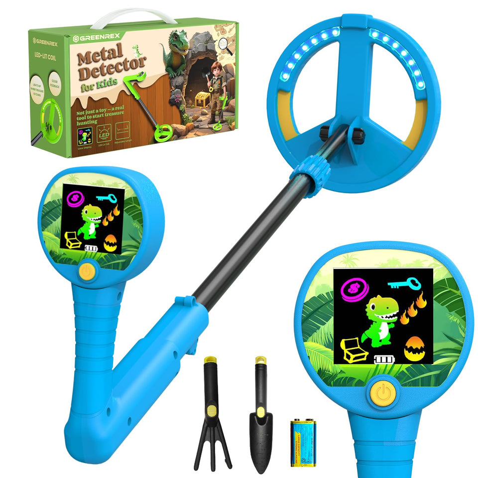GreenRex metal detector with color panel display showing proximity cues for learning