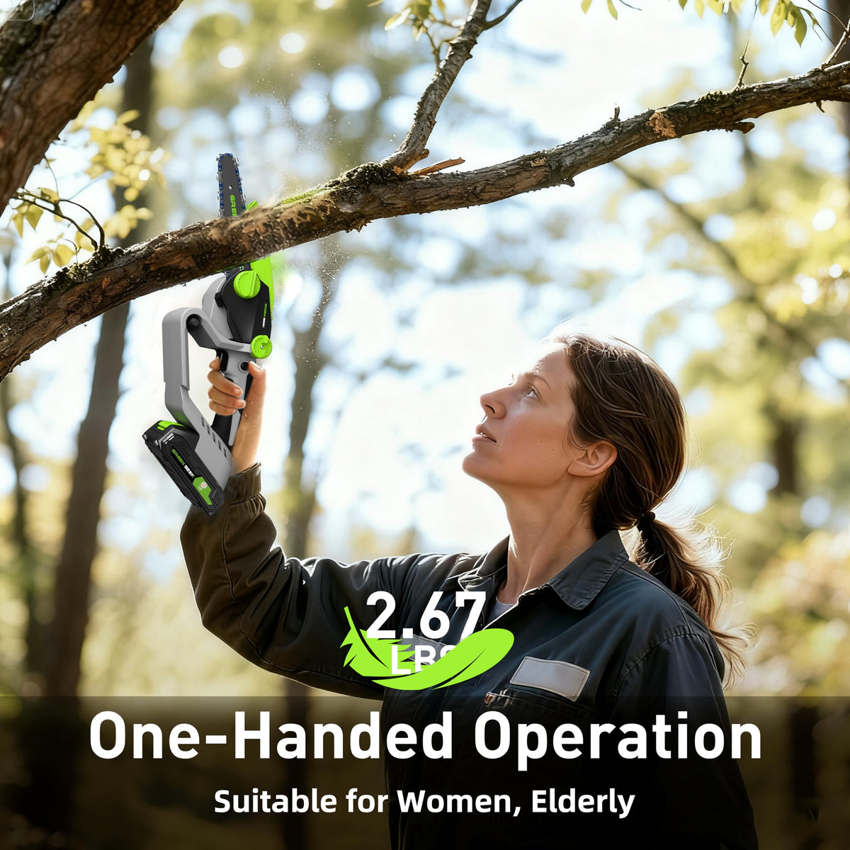 GreenSeek Mini Chainsaw battery pack powers long garden sessions.