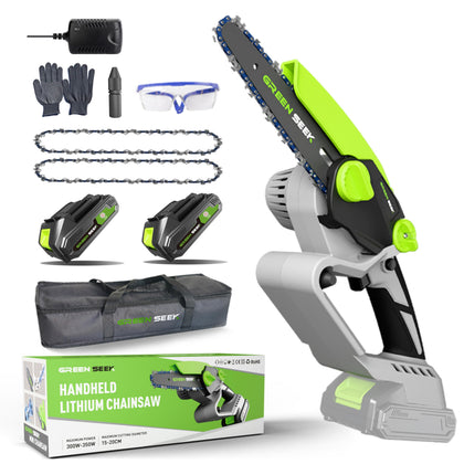 GreenSeek Mini Chainsaw in use pruning branches safely and efficiently.