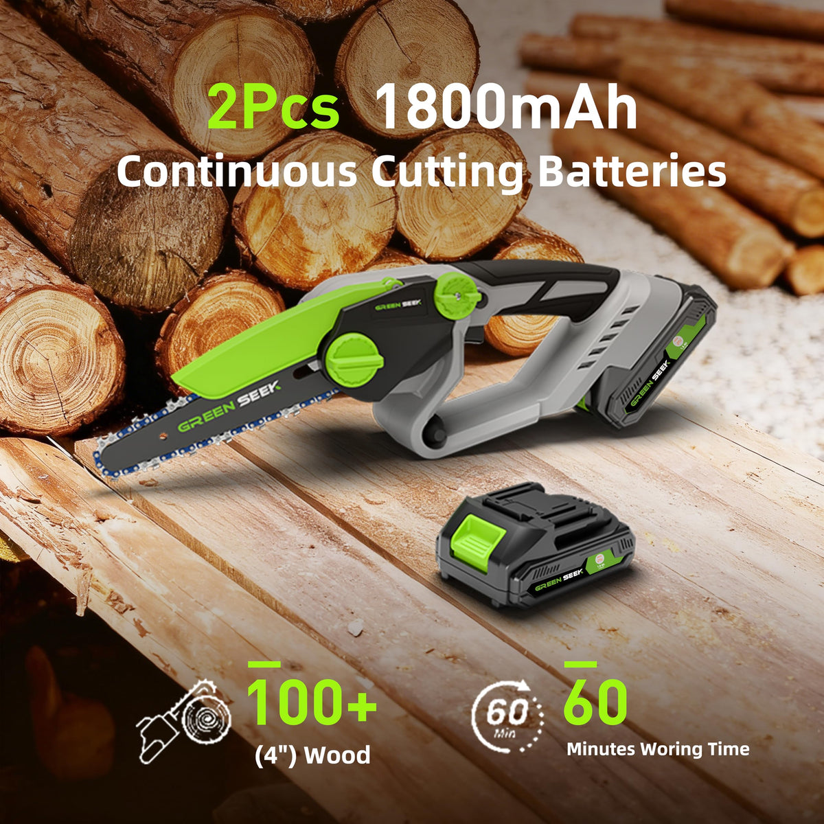 GreenSeek Mini Chainsaw operated with one hand for precision trimming.