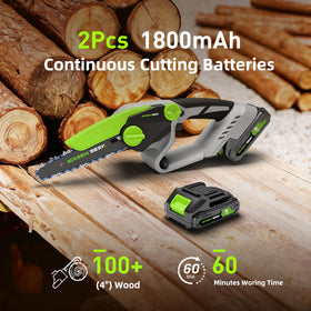 GreenSeek Mini Chainsaw operated with one hand for precision trimming.