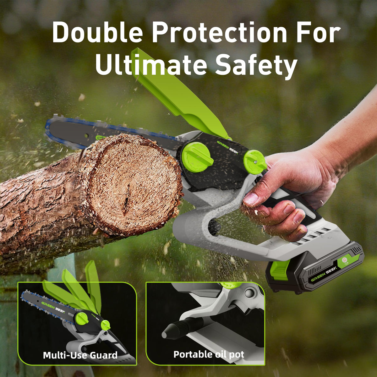 GreenSeek Mini Chainsaw features a copper motor delivering quick, clean cuts.