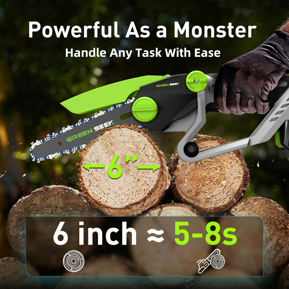 GreenSeek Mini Chainsaw safety guard engaged during cutting tasks.