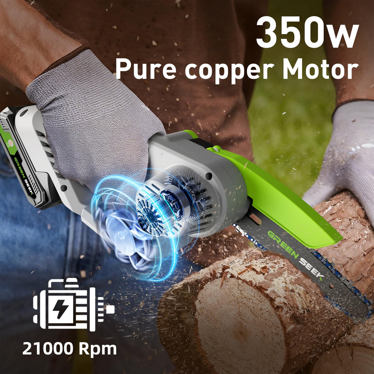 GreenSeek Mini Chainsaw tool-free chain adjustment speeds maintenance.
