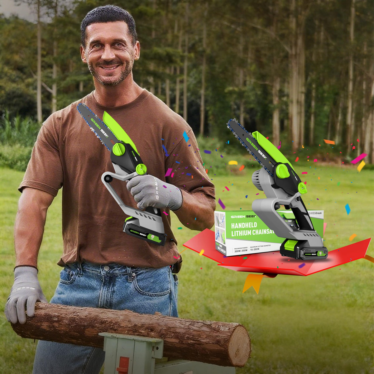 GreenSeek Mini Chainsaw cutting wood outdoors with reliable power.