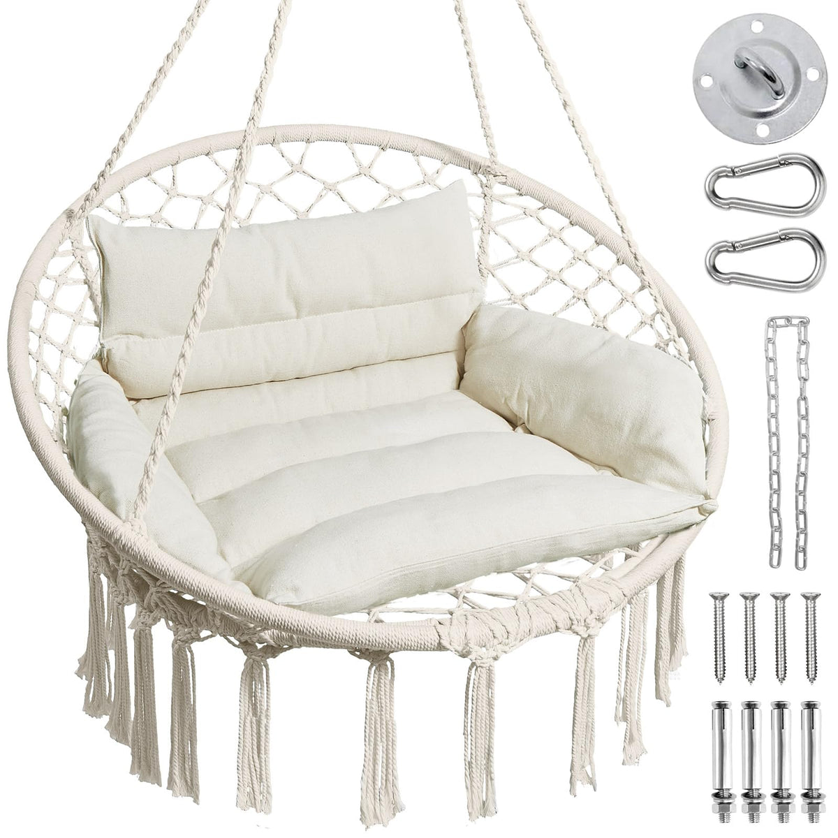 Greenstell hammock chair front view in beige, cozy indoor seating option.