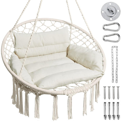 Greenstell hammock chair front view in beige, cozy indoor seating option.