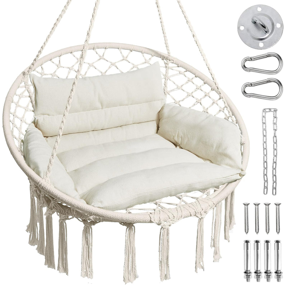 Greenstell hammock chair front view in beige, cozy indoor seating option.