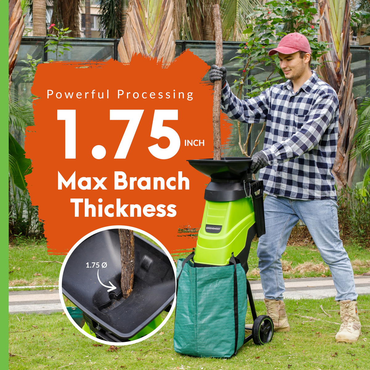 GreenSweep chipper shredding branches with efficient action for quick mulch