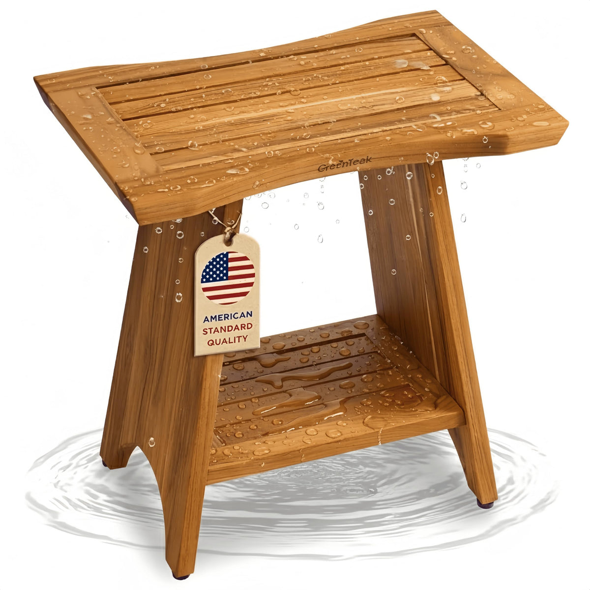 GREENTEAK premium 18-inch teak shower bench front view for safe seating
