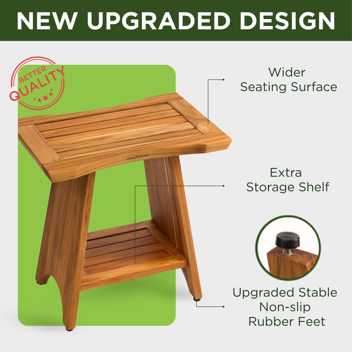 GREENTEAK teak shower bench with non-slip feet demonstrates enhanced stability