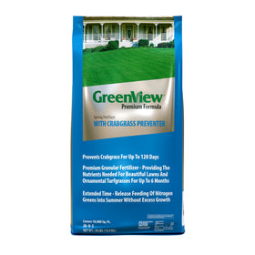 GreenView premium formula fertilizer bag ready for spring lawn feeding