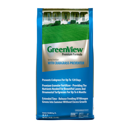 GreenView premium formula fertilizer bag ready for spring lawn feeding