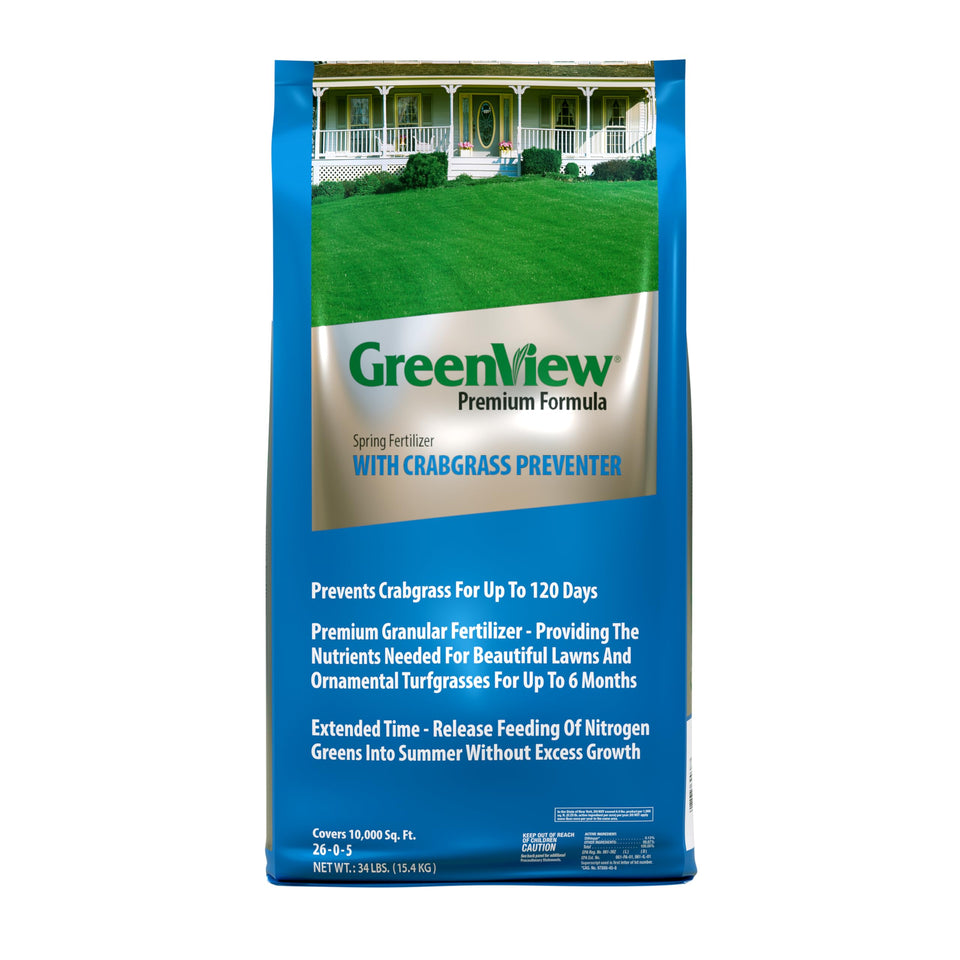 GreenView premium formula fertilizer bag ready for spring lawn feeding