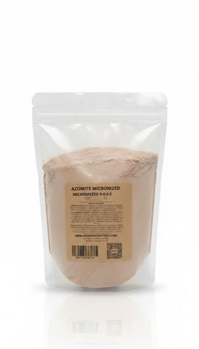 Greenway Biotech Azomite powder bag close-up showing micronized mineral nutrients for soils to support remineralization.