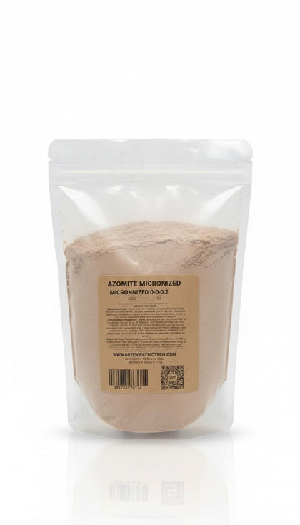 Greenway Biotech Azomite powder bag close-up showing micronized mineral nutrients for soils to support remineralization.