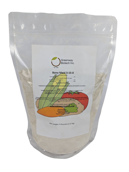 Greenway Biotech bone meal 3-15-0 bag promotes strong root growth with phosphorus.