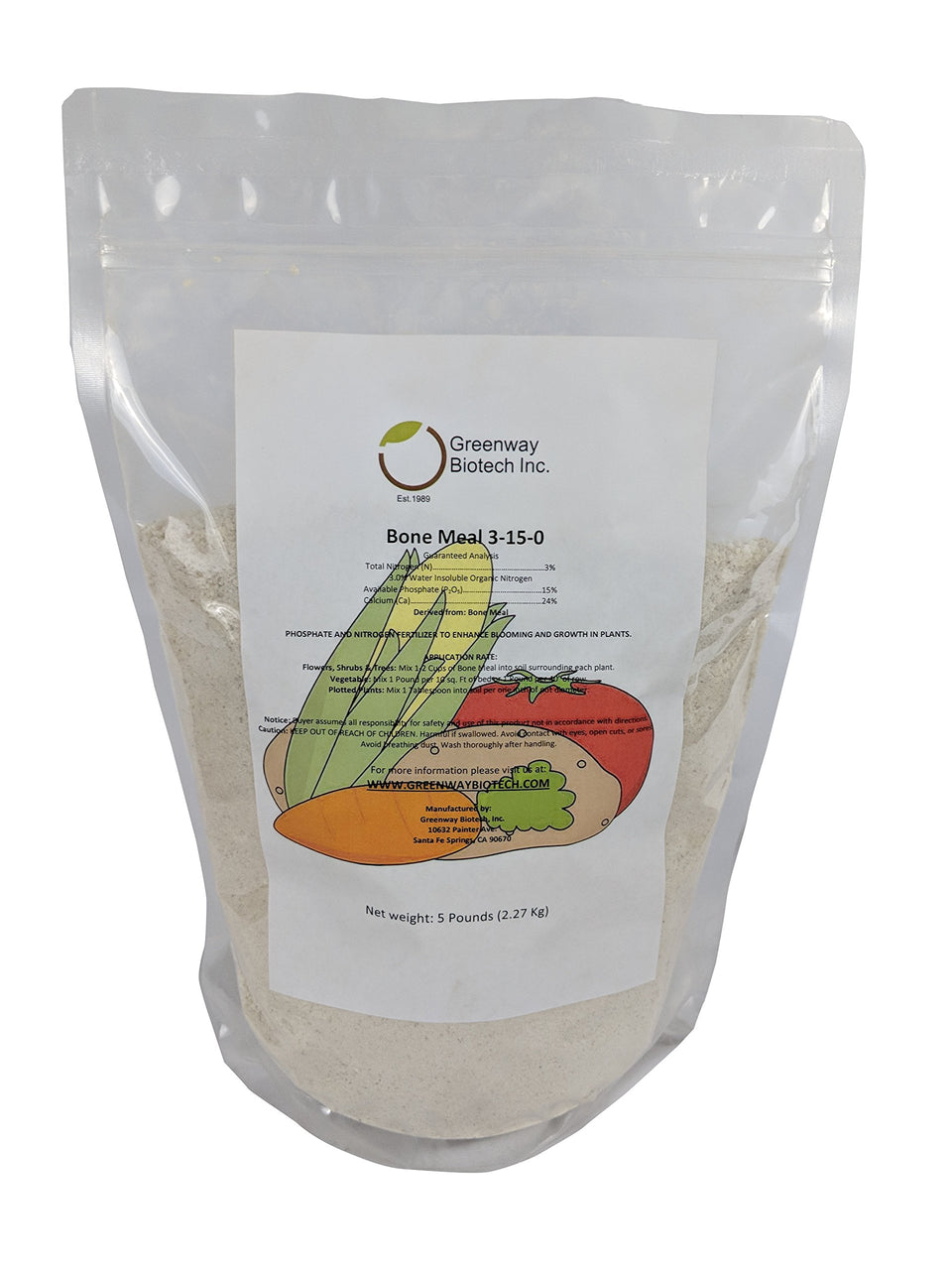 Greenway Biotech bone meal 3-15-0 bag promotes strong root growth with phosphorus.