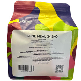 Greenway Biotech bone meal bag showing 3-15-0 plus 24% calcium for healthy roots.