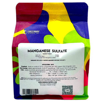 Greenway Biotech manganese sulfate monohydrate bottle for hydroponics and easy nutrient mixing.