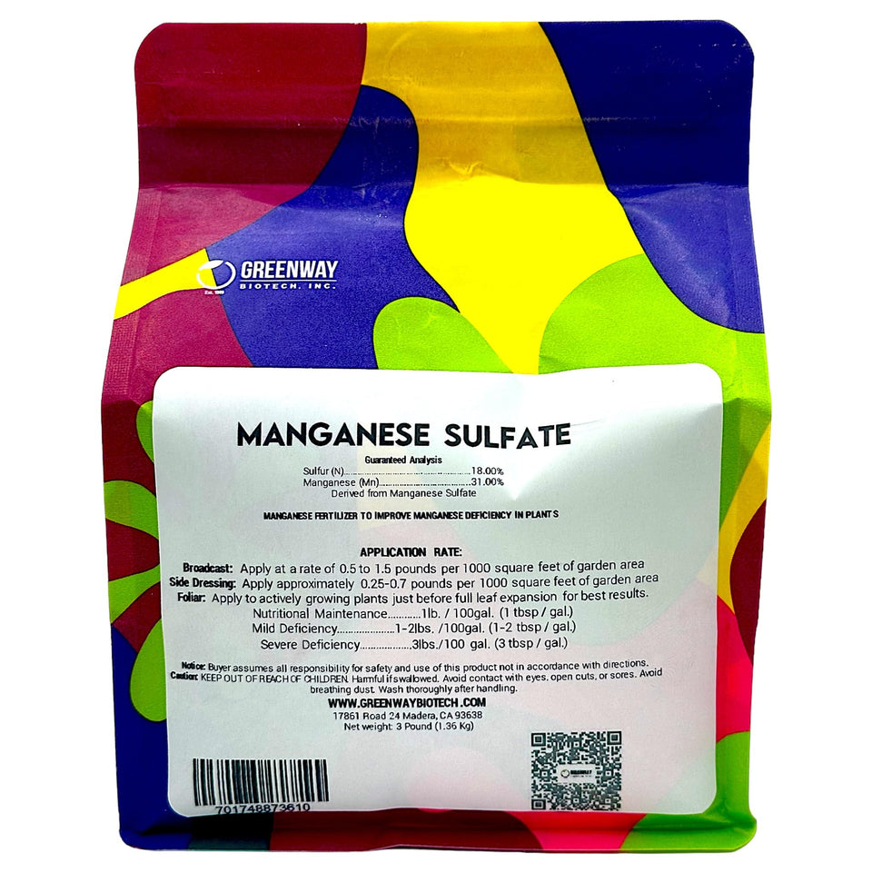 Greenway Biotech manganese sulfate monohydrate bottle for hydroponics and easy nutrient mixing.