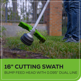 Greenworks 16-Inch cutting path covers ground quickly on lawns.