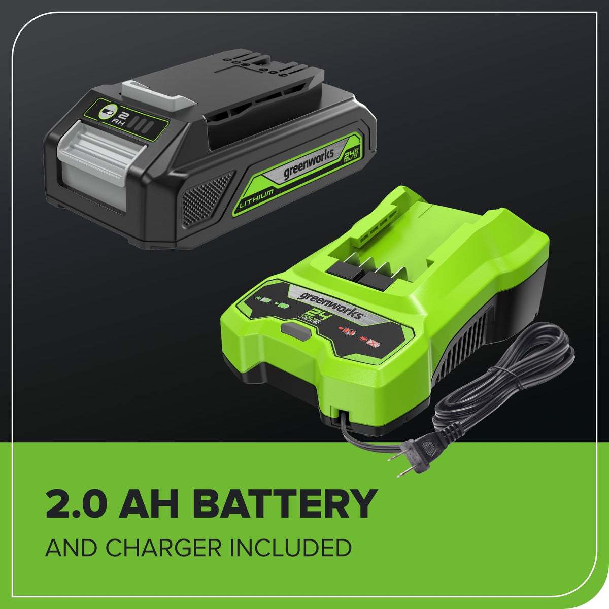 Greenworks 2.0Ah battery and charger included for immediate use